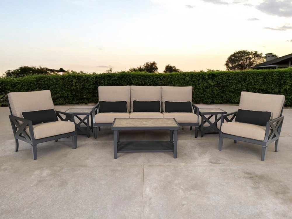 Six Piece Gray Metal Sectional Seating Group With Table