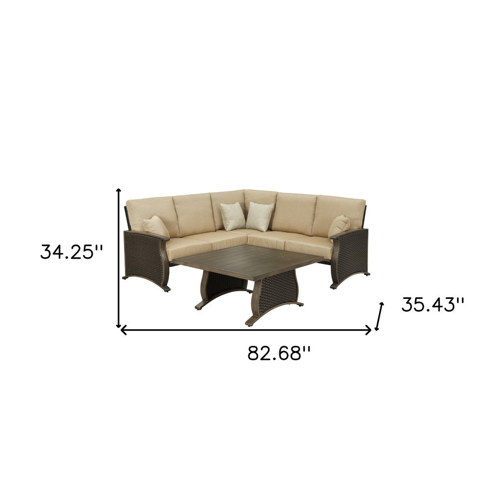Two Piece Brown and Tan Metal Sectional Seating Group With Table
