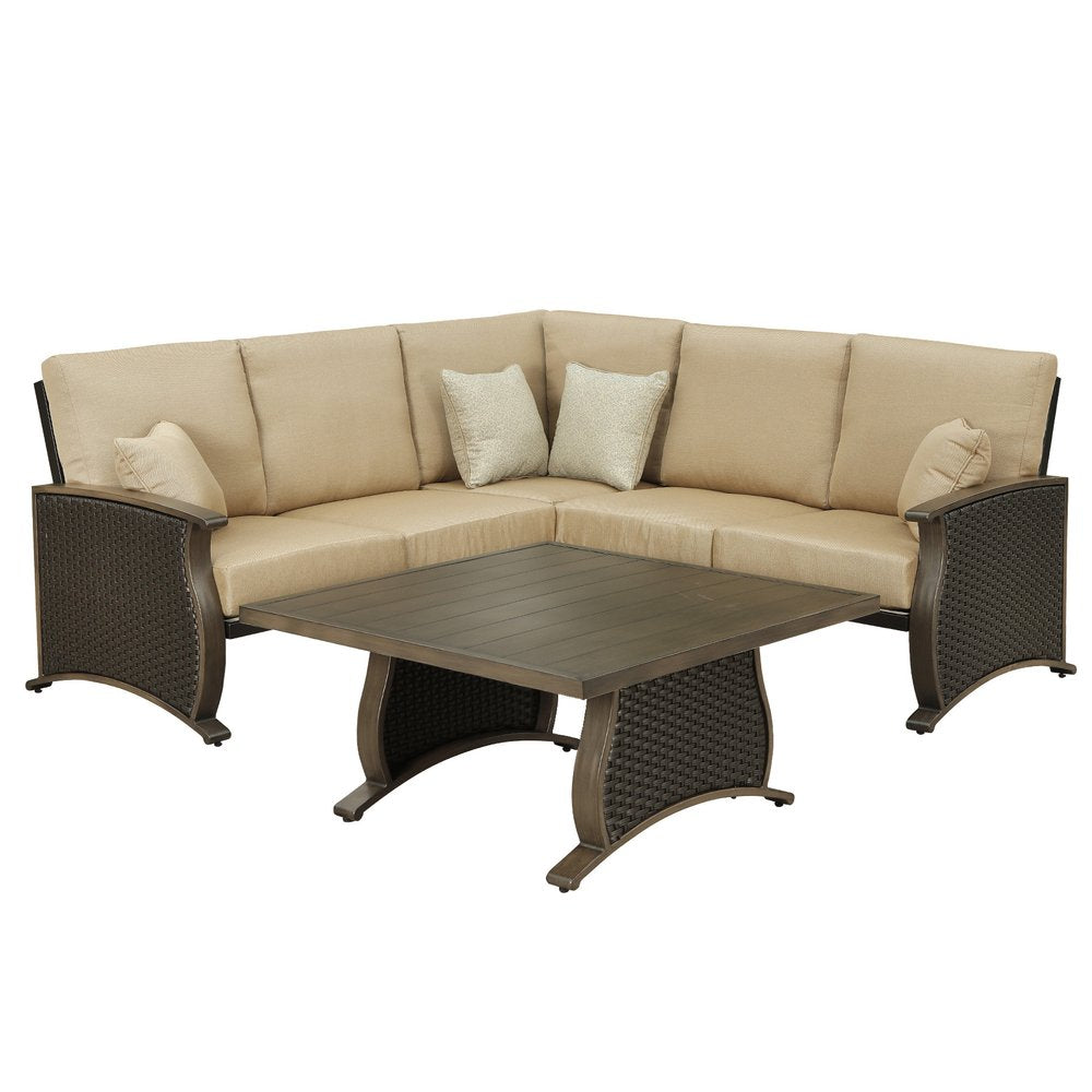 Two Piece Brown and Tan Metal Sectional Seating Group With Table