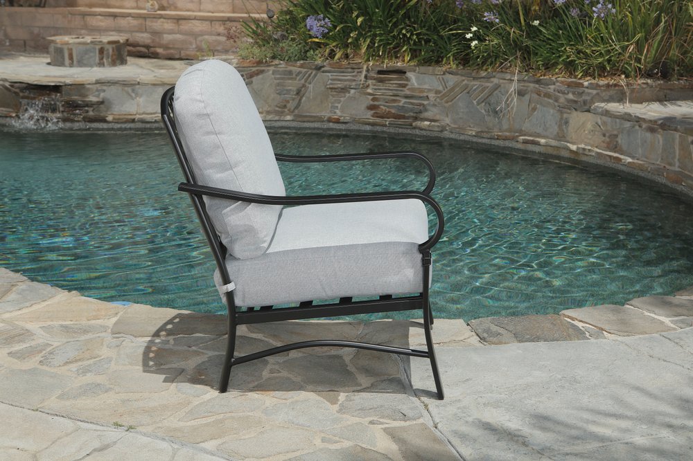 Four Piece Black and Light Gray Metal Outdoor Patio Set With Table