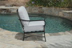 Four Piece Black and Light Gray Metal Outdoor Patio Set With Table