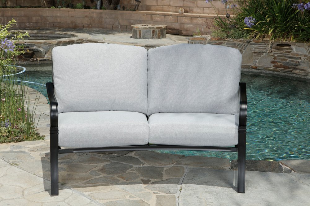 Four Piece Black and Light Gray Metal Outdoor Patio Set With Table