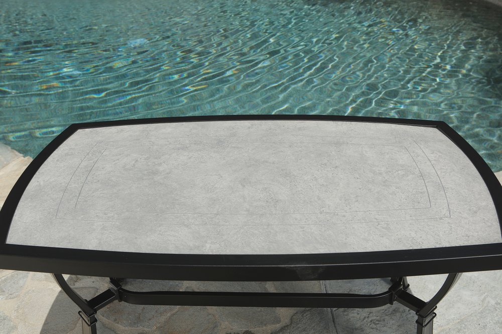 Four Piece Black and Light Gray Metal Outdoor Patio Set With Table