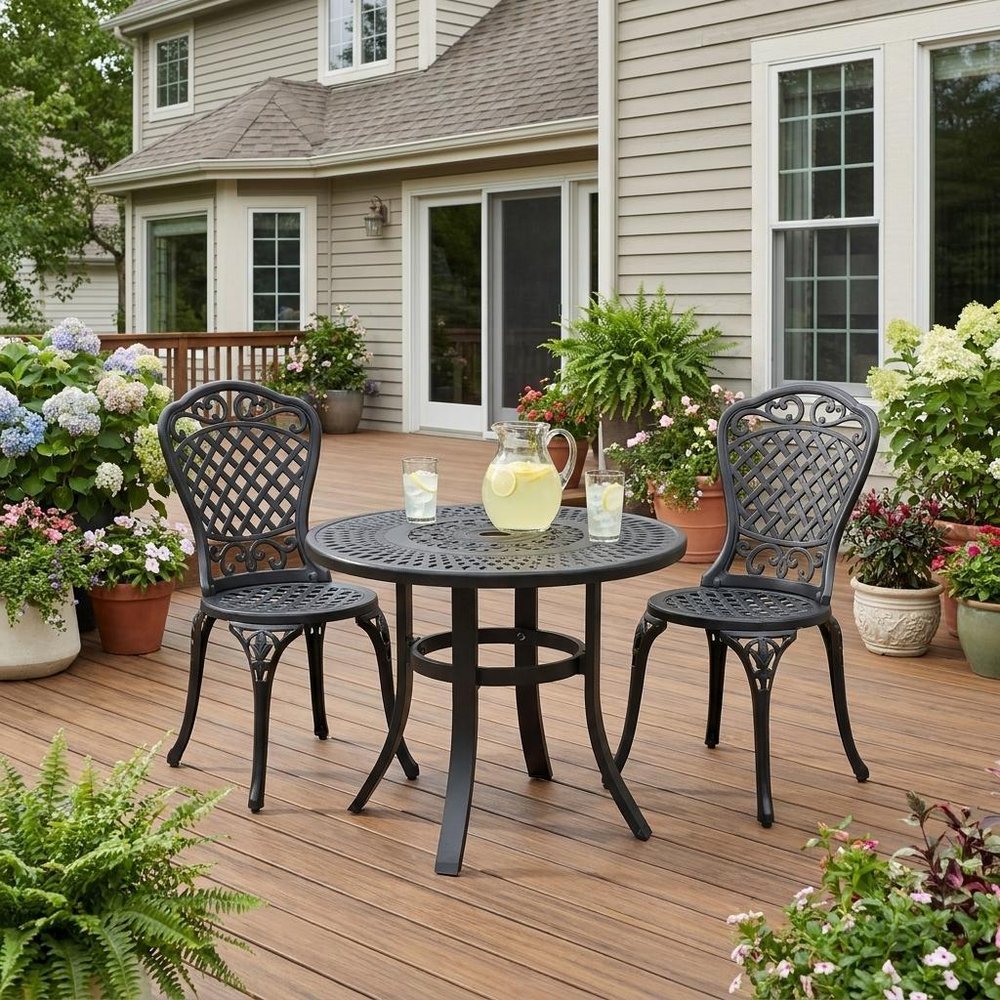 24" Black Rounded Metal Outdoor Bistro Table with Umbrella Hole