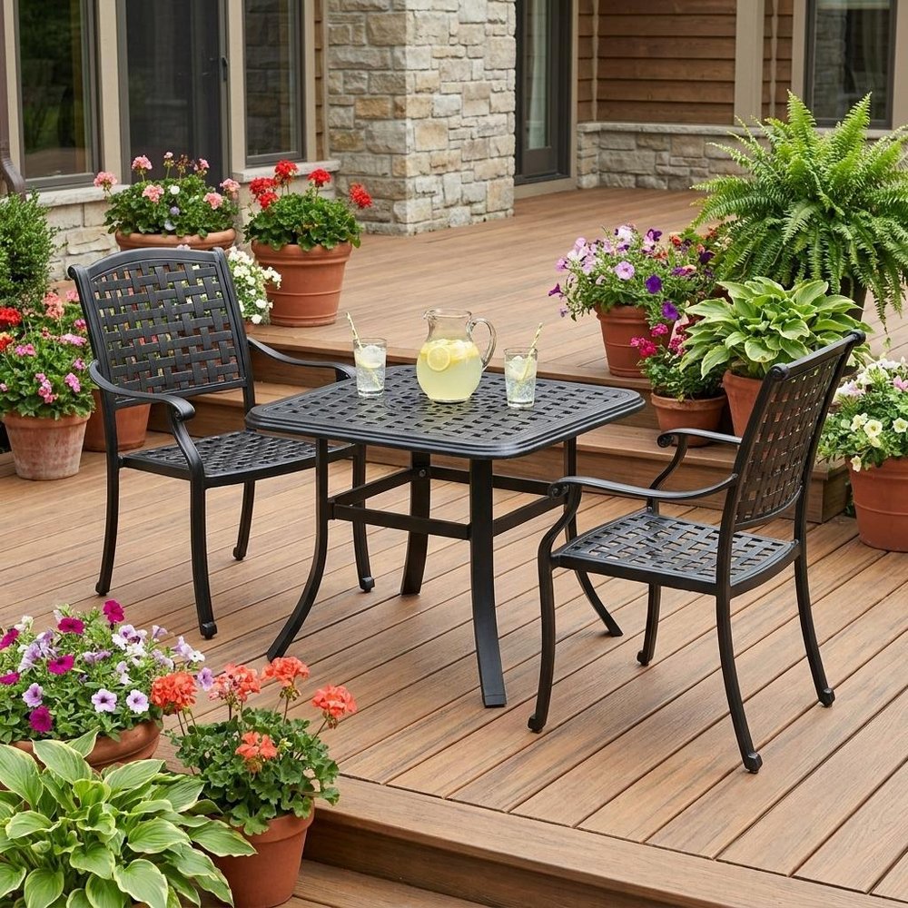 24" Black Square Metal Outdoor Bistro Table with Umbrella Hole