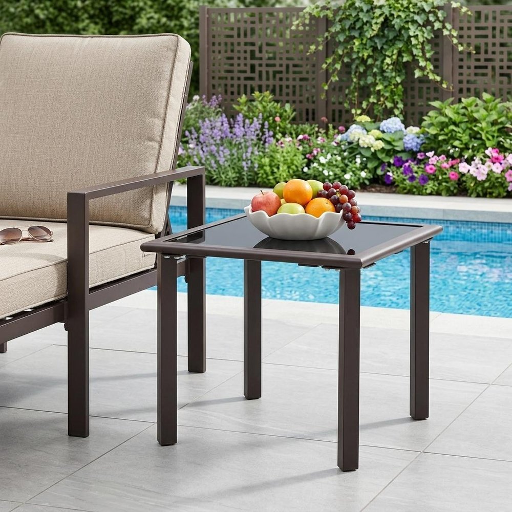 18" Black Square Glass Outdoor Side Table