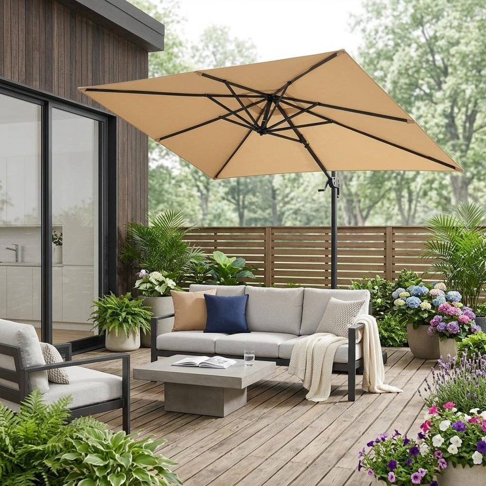 6" Tan Polyester Rectangular Tilt Market Patio Umbrella