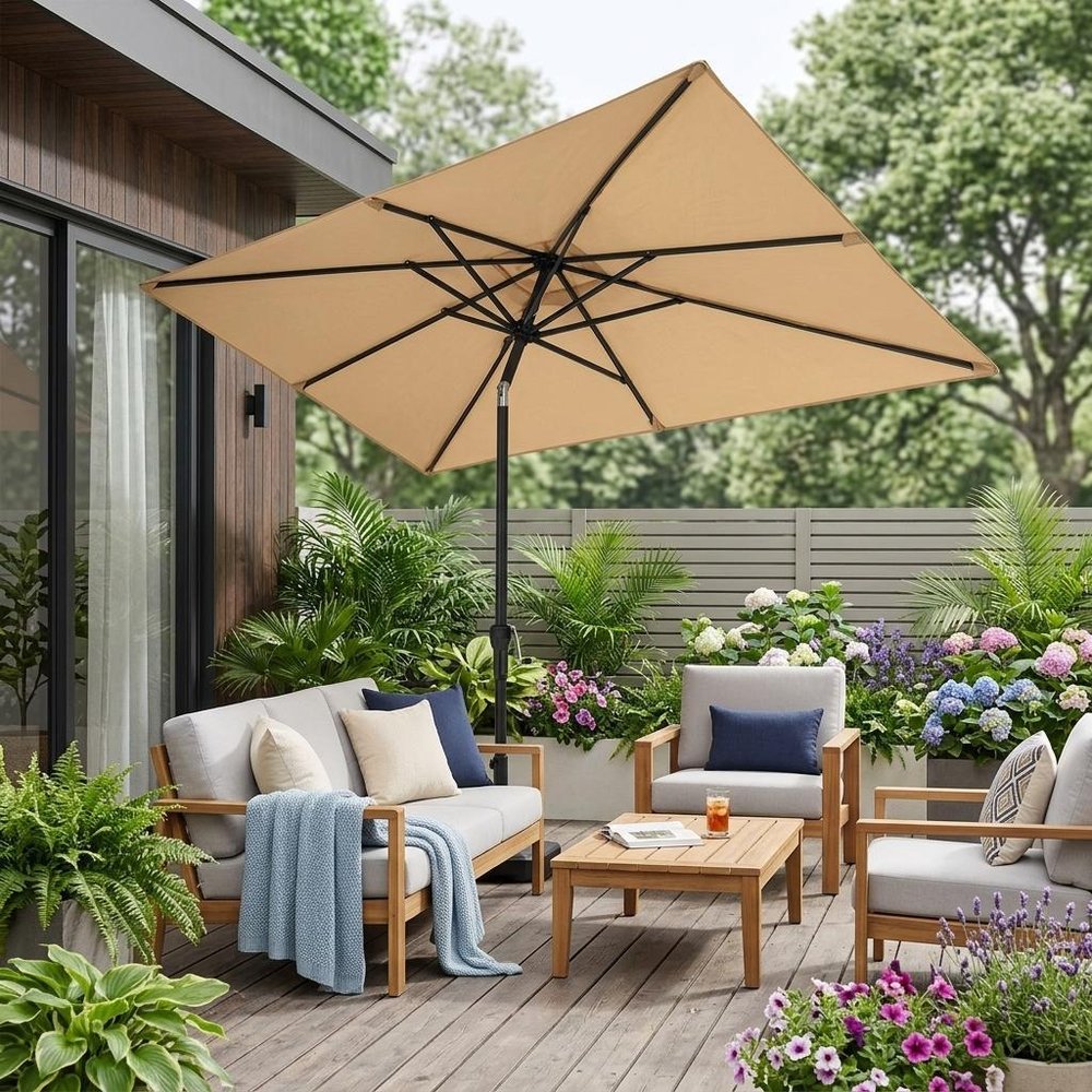 6" Tan Polyester Rectangular Tilt Market Patio Umbrella