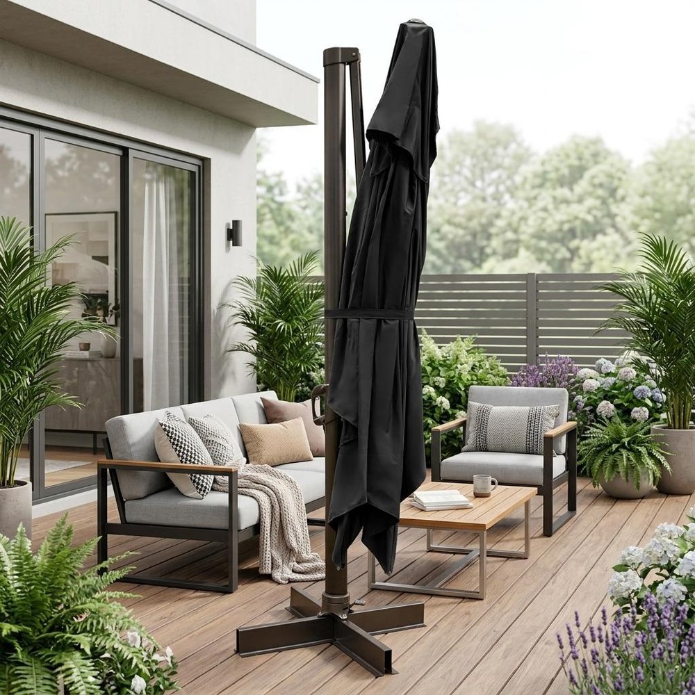 13' Black Polyester Rectangular Tilt Cantilever Patio Umbrella with Stand