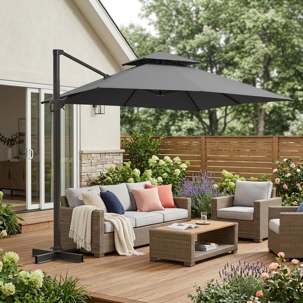 13' Gray Polyester Rectangular Tilt Cantilever Patio Umbrella with Stand