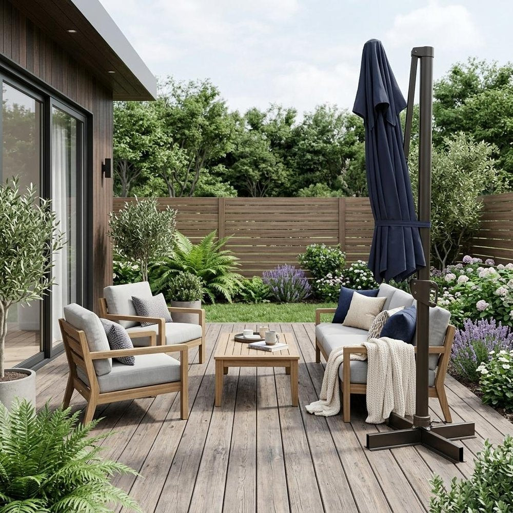 13' Navy Blue Polyester Rectangular Tilt Cantilever Patio Umbrella with Stand