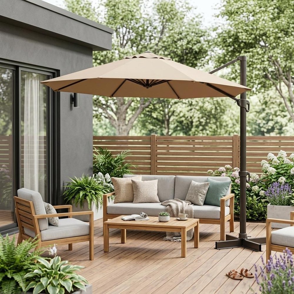 13' Tan Polyester Rectangular Tilt Cantilever Patio Umbrella with Stand