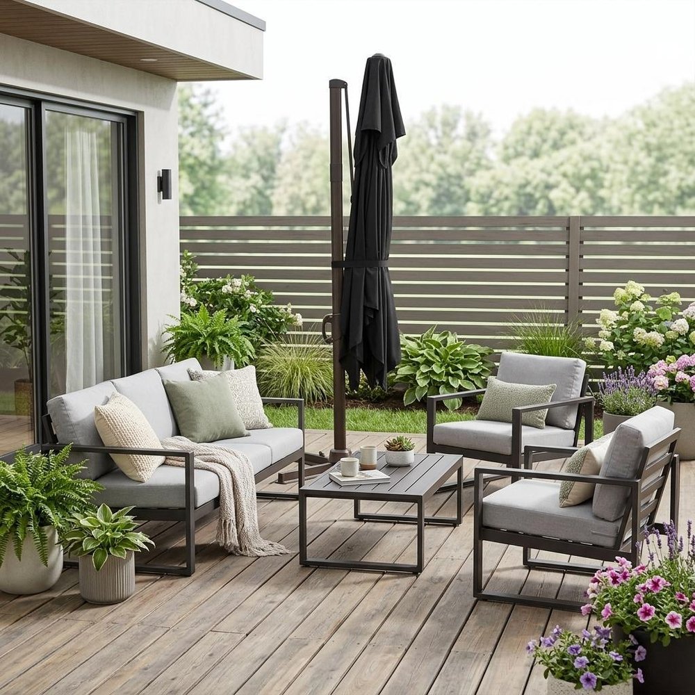 10' Black Polyester Square Tilt Cantilever Patio Umbrella with Stand