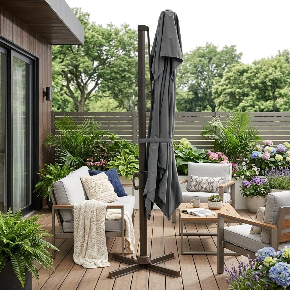 15" Gray Polyester Square Tilt Cantilever Patio Umbrella with Stand