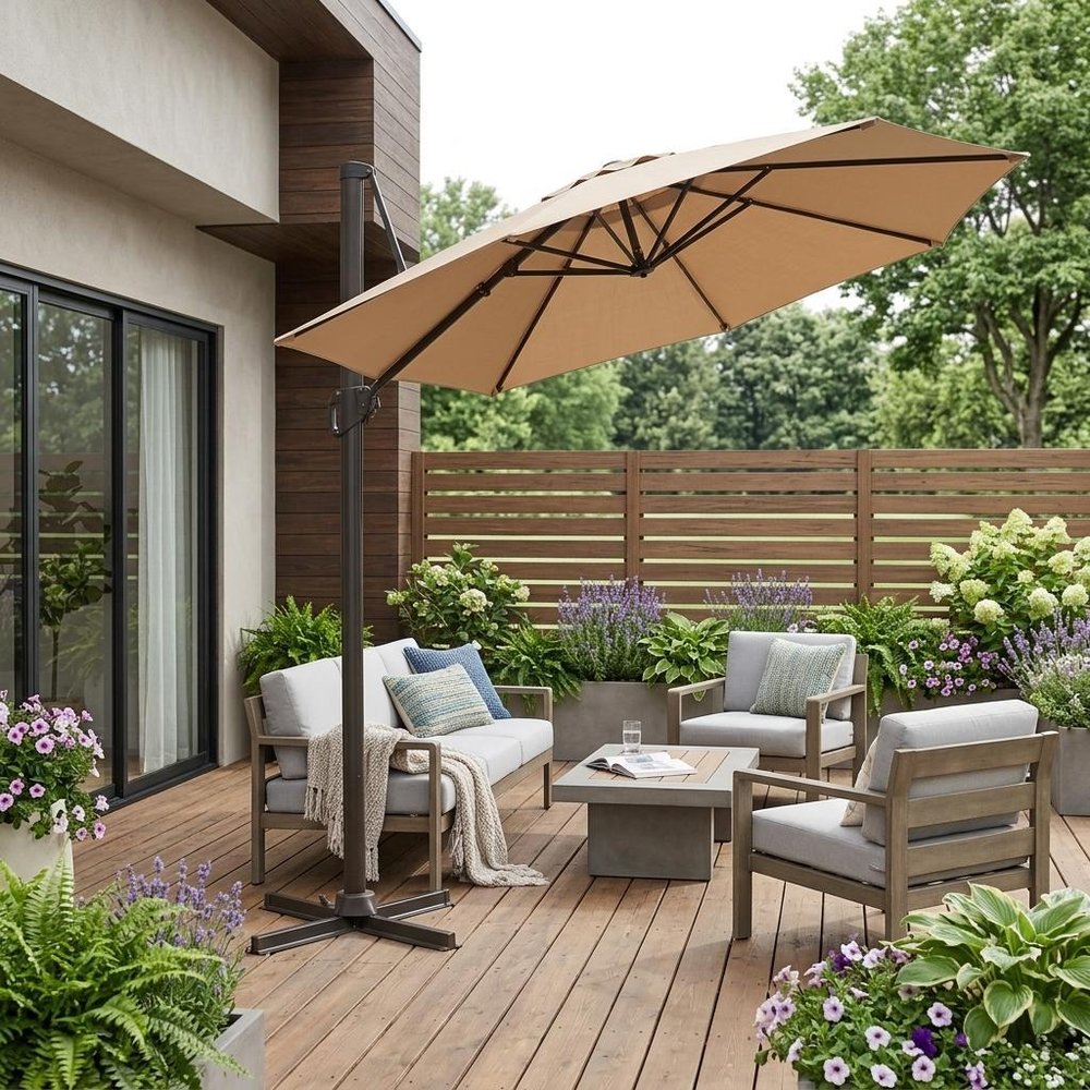 10' Tan Polyester Square Tilt Cantilever Patio Umbrella with Stand