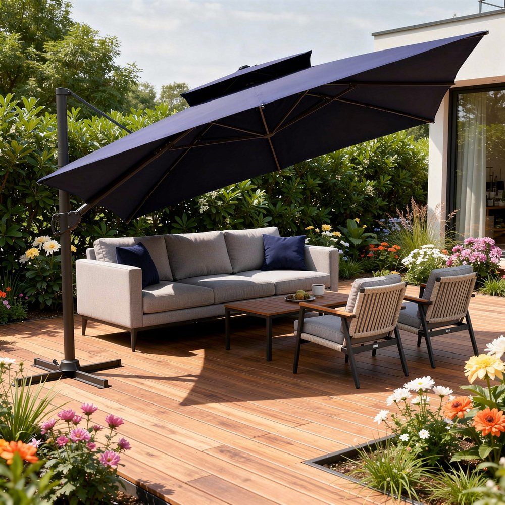 15" Navy Blue Polyester Round Tilt Cantilever Patio Umbrella with Stand