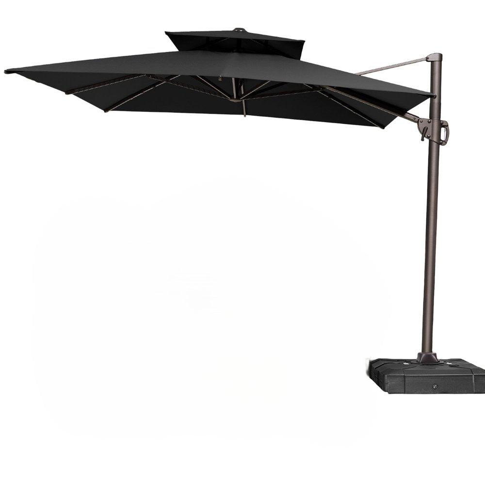 11' Black Polyester Round Tilt Cantilever Patio Umbrella with Stand
