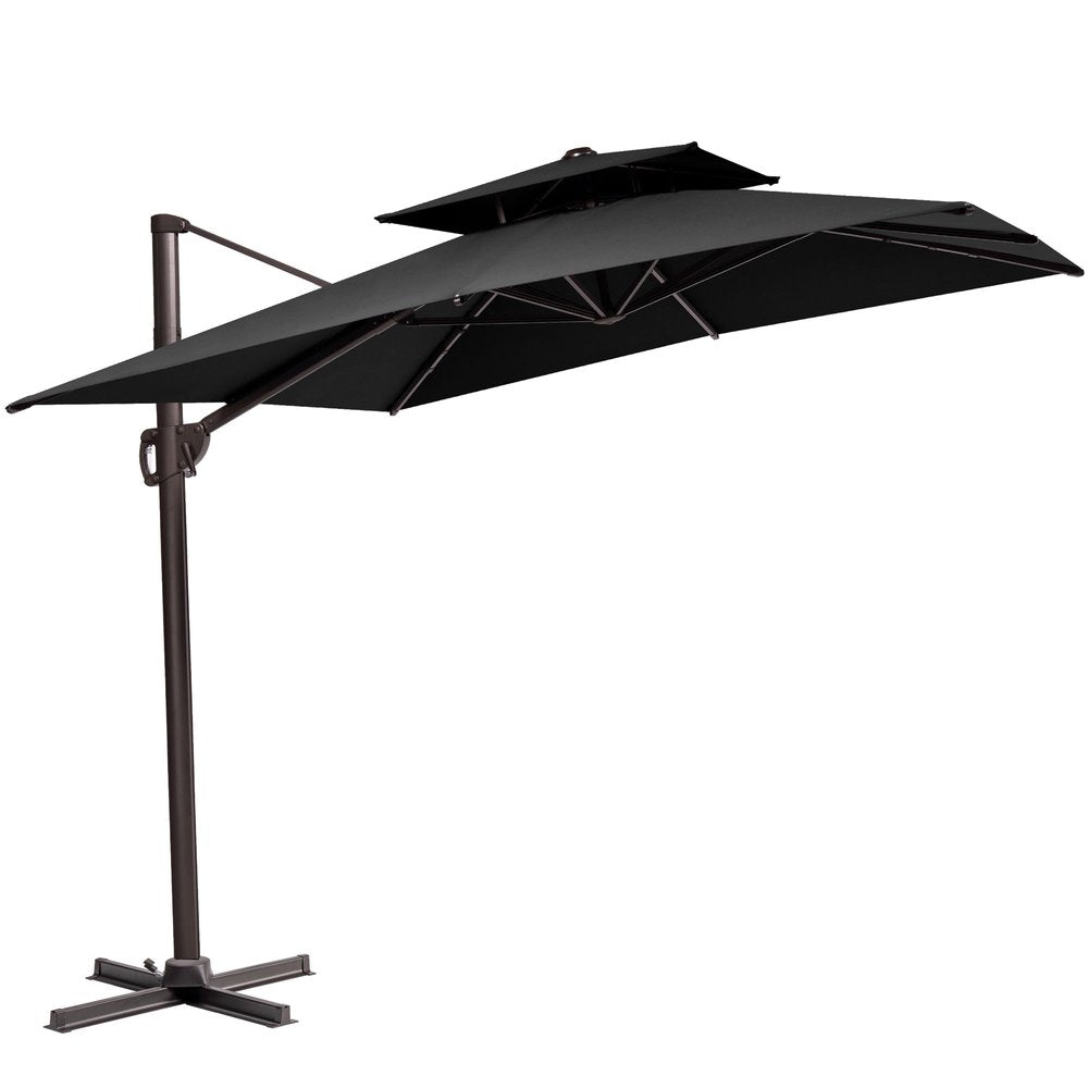 11' Black Polyester Round Tilt Cantilever Patio Umbrella with Stand