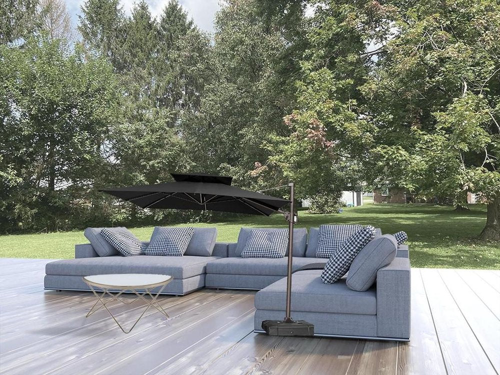 11' Black Polyester Round Tilt Cantilever Patio Umbrella with Stand
