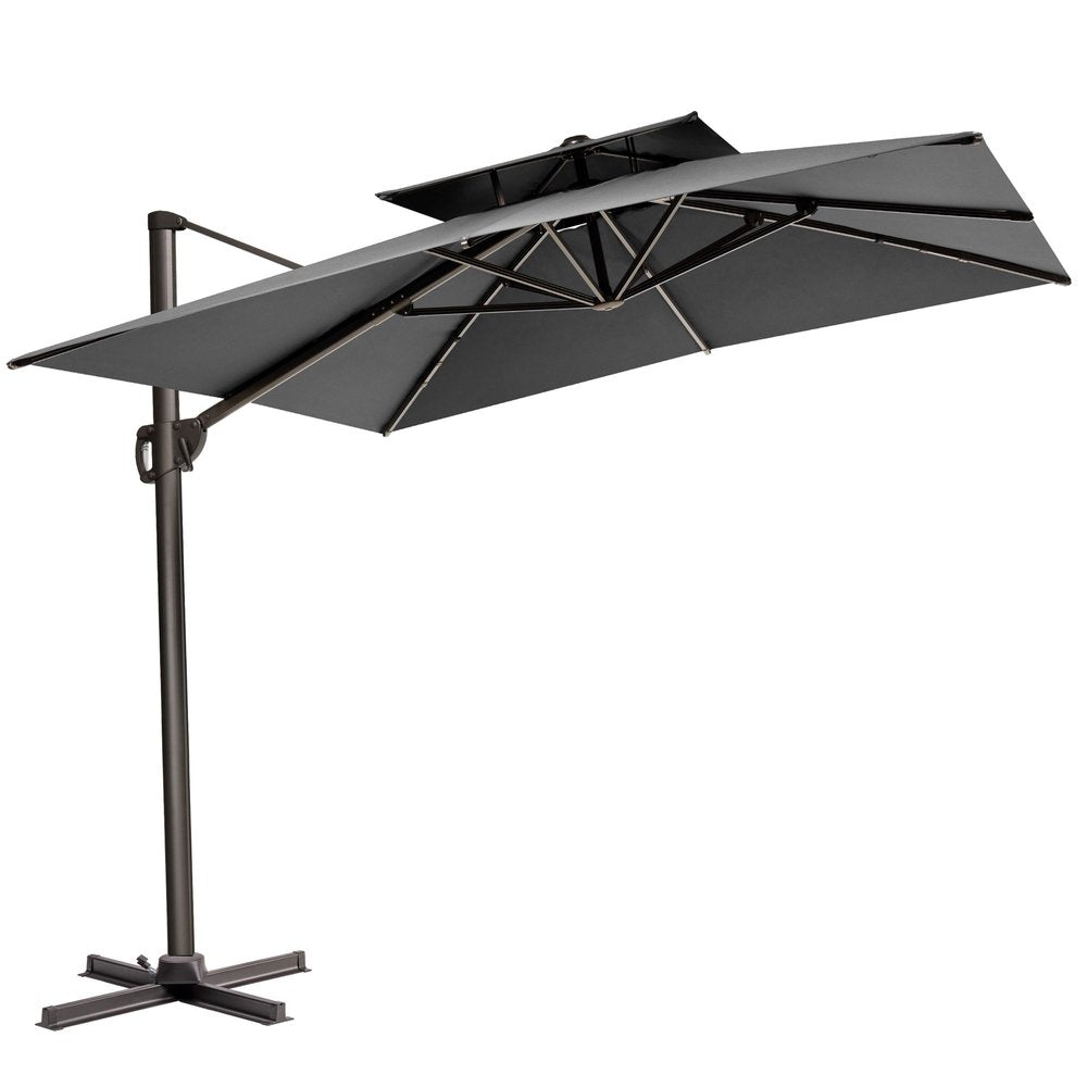 11' Gray Polyester Round Tilt Cantilever Patio Umbrella with Stand