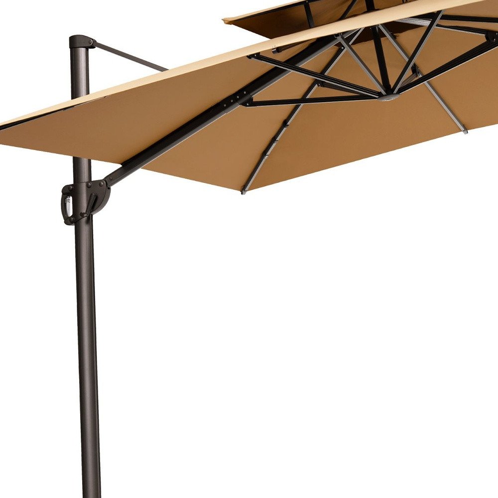 11' Tan Polyester Round Tilt Cantilever Patio Umbrella with Stand