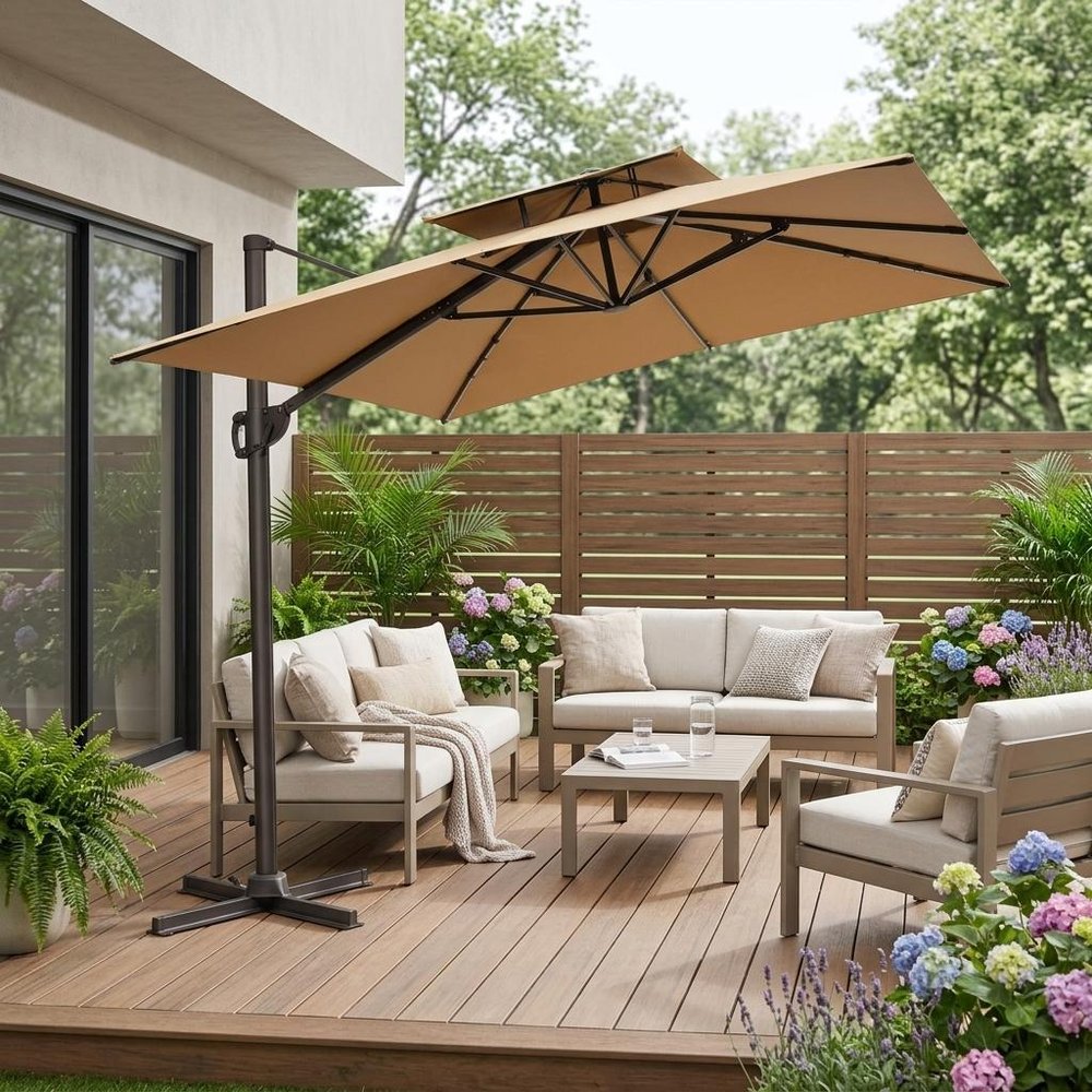 11' Tan Polyester Round Tilt Cantilever Patio Umbrella with Stand