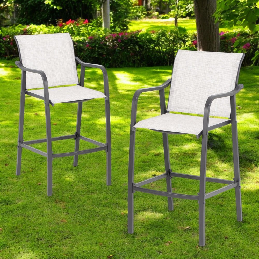 Set of Two 28" Gray Steel Outdoor Bar Height Chairs
