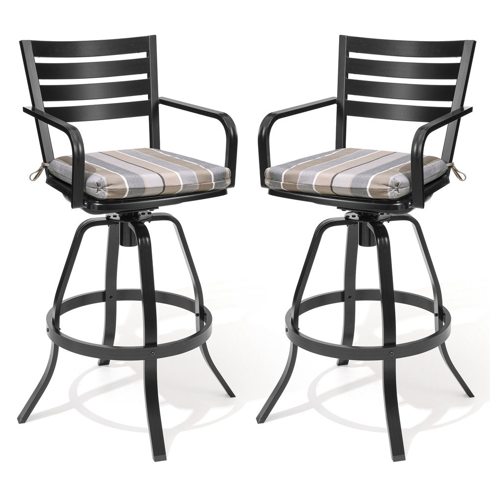 Set of Two 30" Black and Off White Aluminum Swivel Outdoor Bar Height Chairs