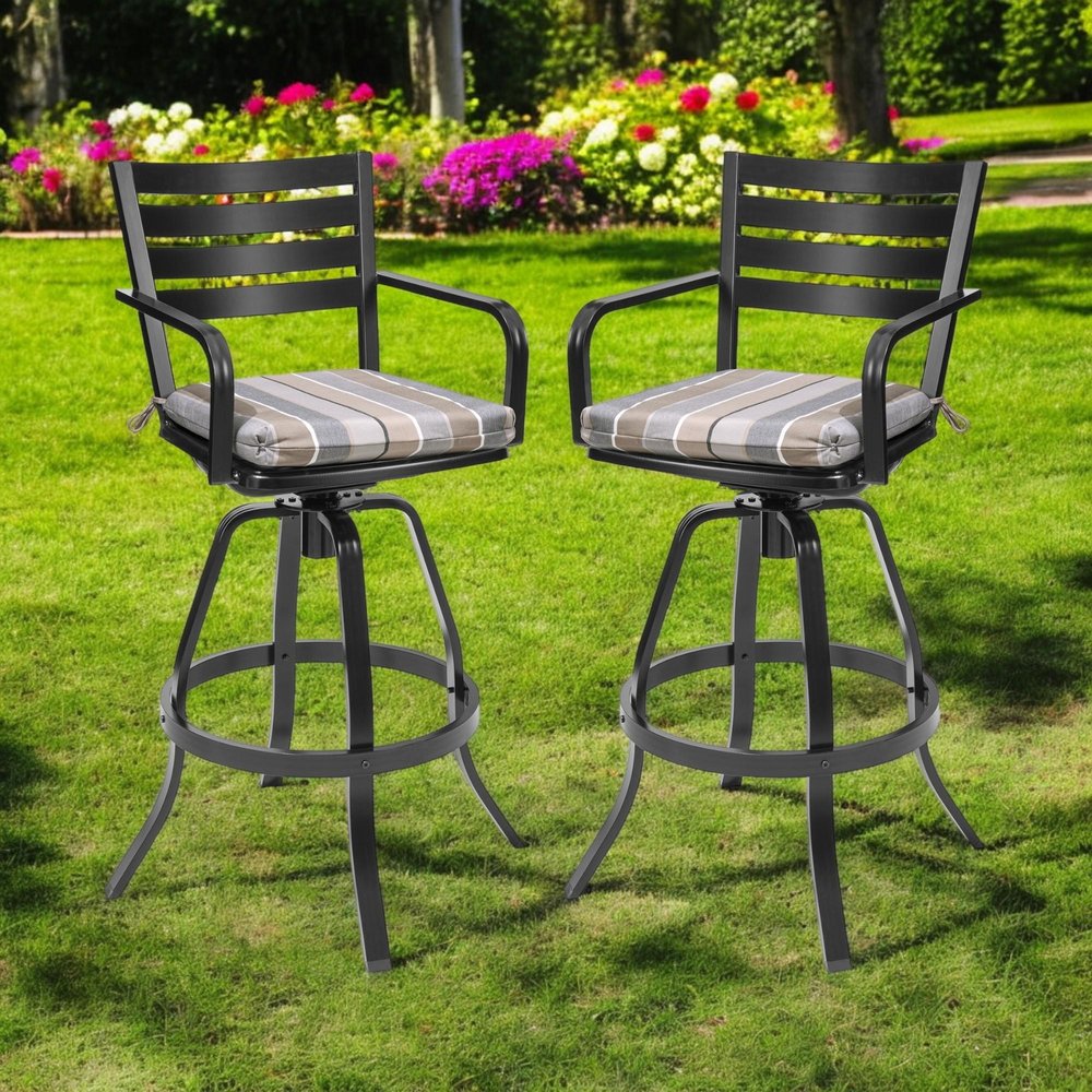 Set of Two 30" Black and Off White Aluminum Swivel Outdoor Bar Height Chairs