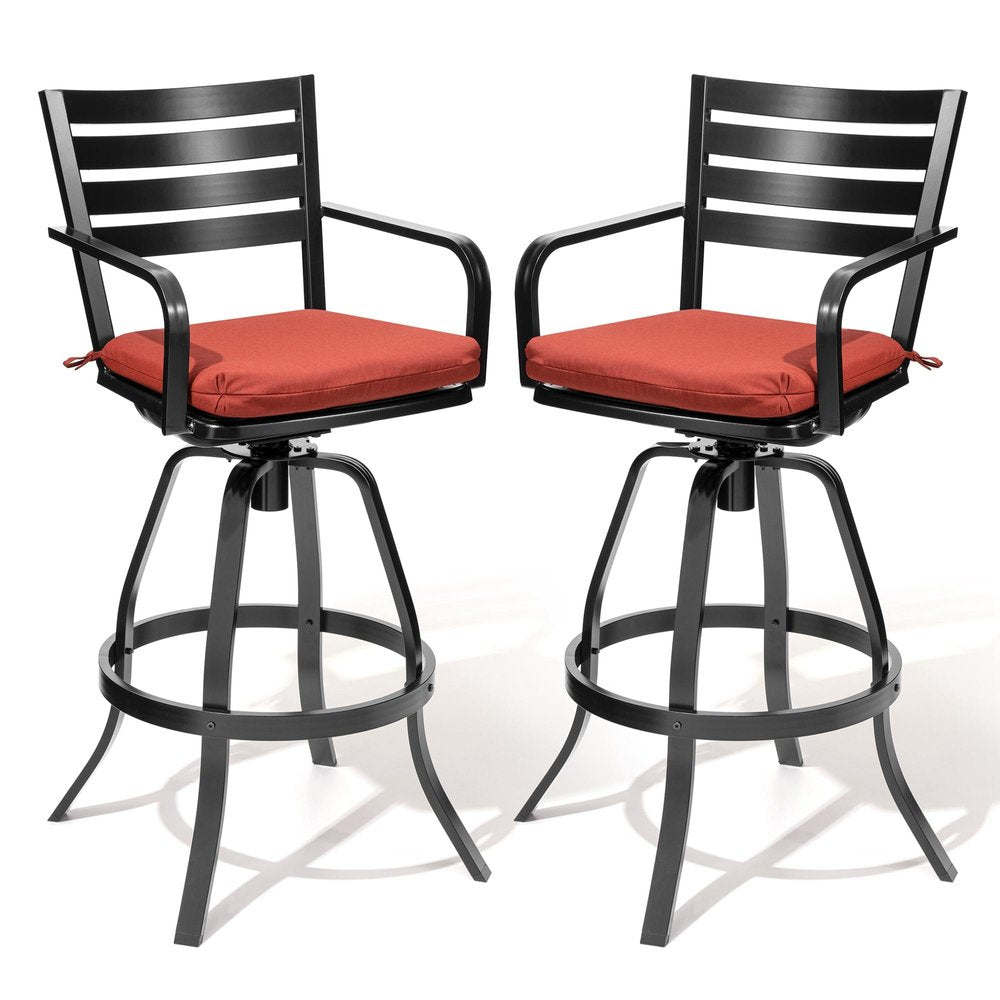 Set of Two 30" Black and Red Aluminum Swivel Outdoor Bar Height Chairs