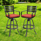 Set of Two 30" Black and Red Aluminum Swivel Outdoor Bar Height Chairs