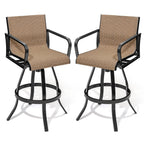 Set of Two 30" Black and Brown Aluminum Swivel Outdoor Bar Height Chairs