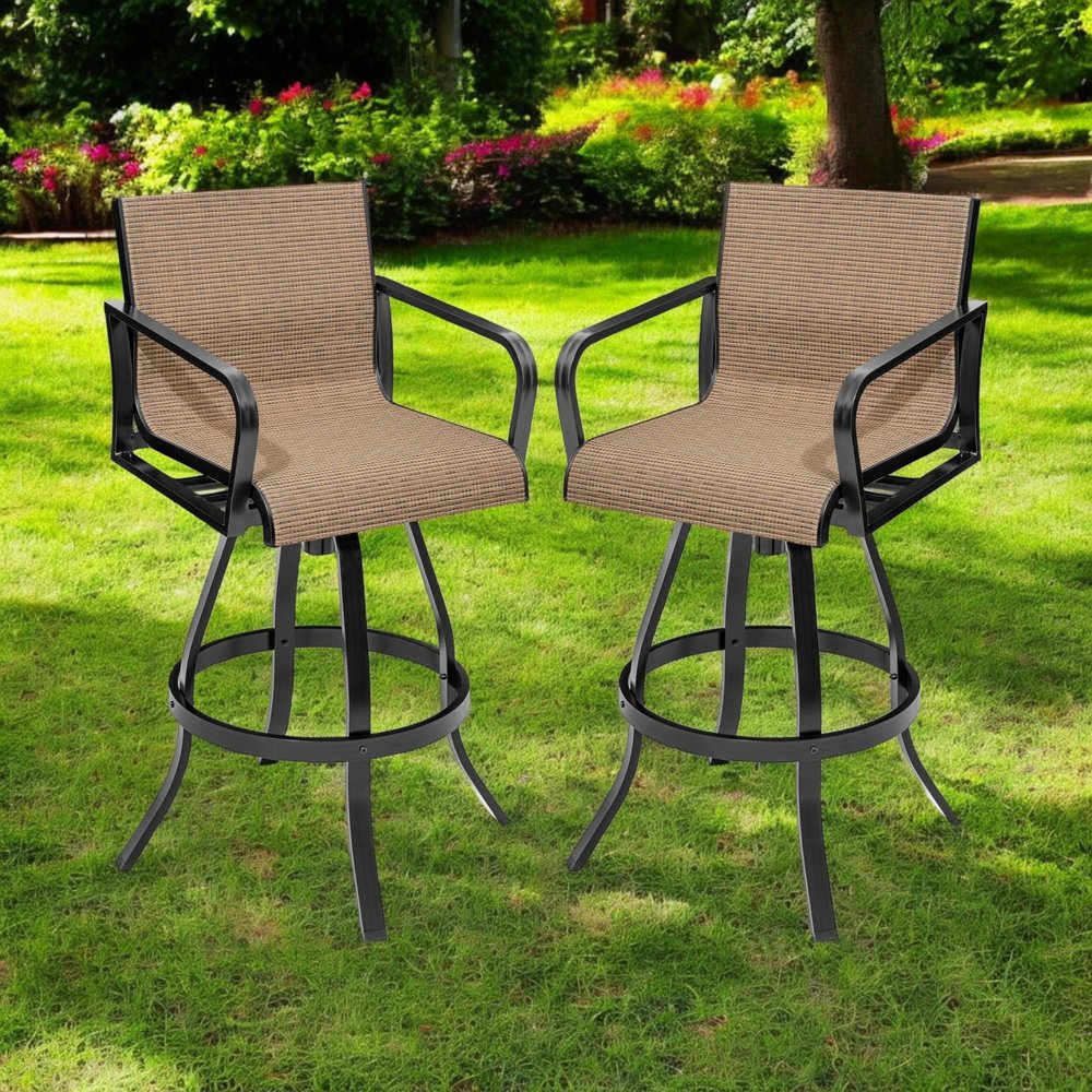Set of Two 30" Black and Brown Aluminum Swivel Outdoor Bar Height Chairs