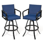 Set of Two 30" Black and Navy Blue Aluminum Swivel Outdoor Bar Height Chairs