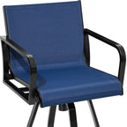 Set of Two 30" Black and Navy Blue Aluminum Swivel Outdoor Bar Height Chairs