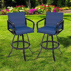 Set of Two 30" Black and Navy Blue Aluminum Swivel Outdoor Bar Height Chairs