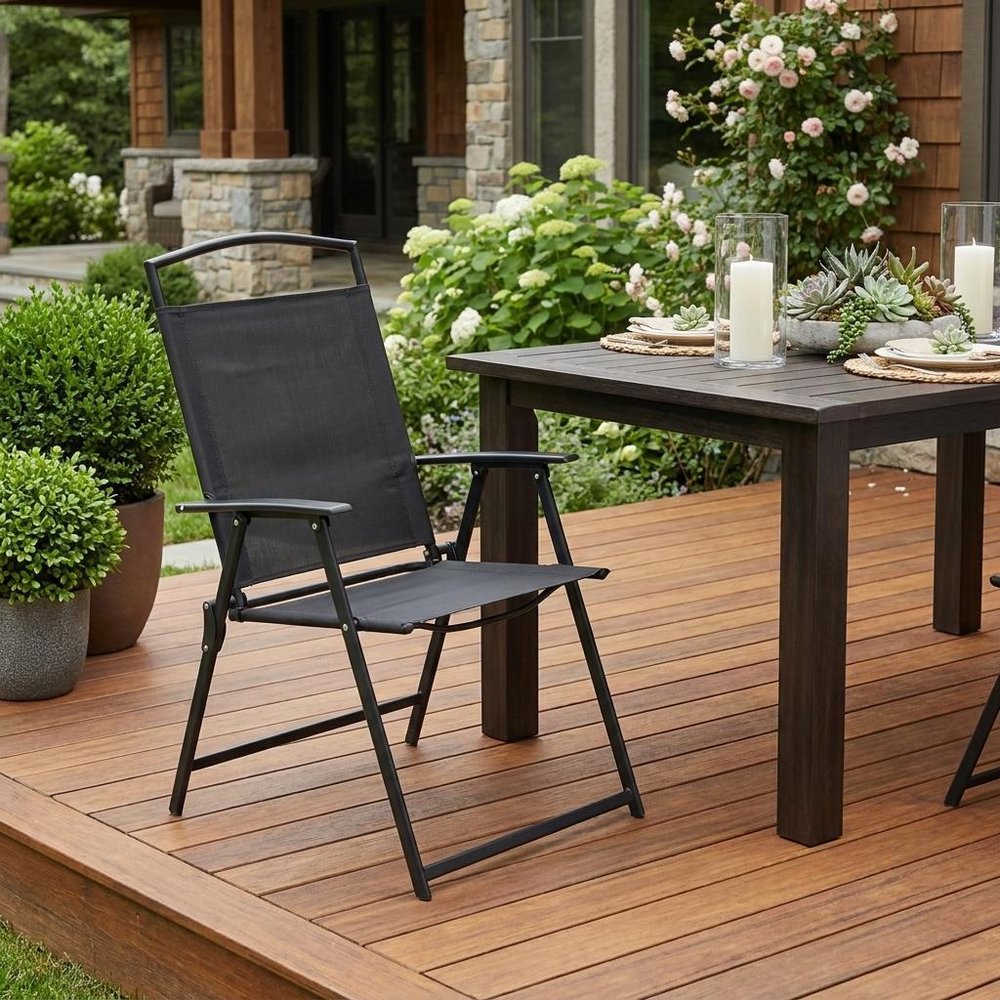 Set of Four Gray Woven Metal Sling Outdoor Folding Dining Chairs