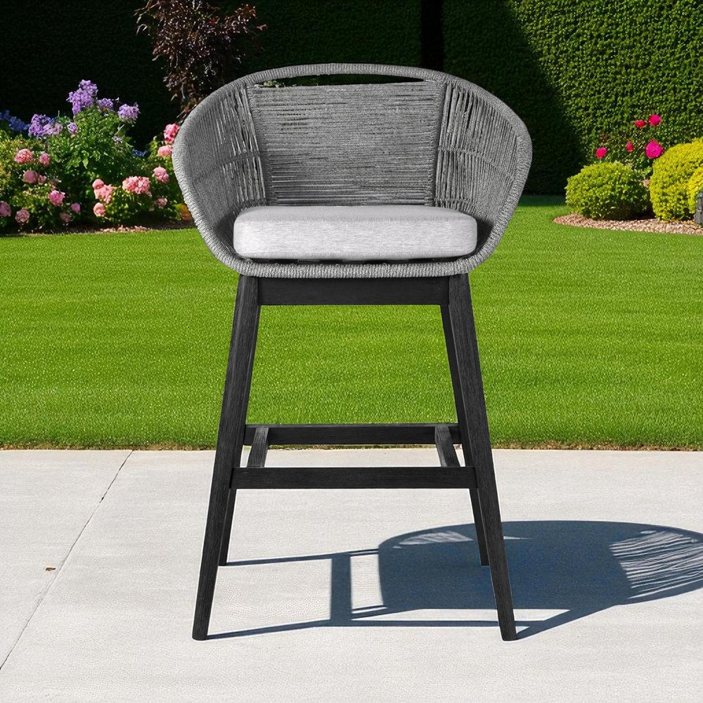 43" Light Gray Solid Wood Low back Outdoor Bar Height chair with Footrest