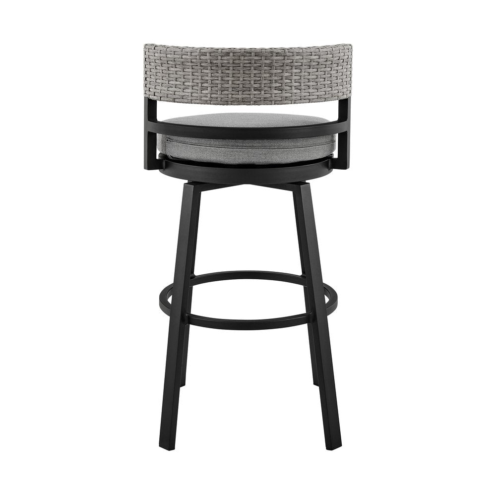 38" Light Gray Metal Swivel Low back Outdoor Bar Height chair with Footrest