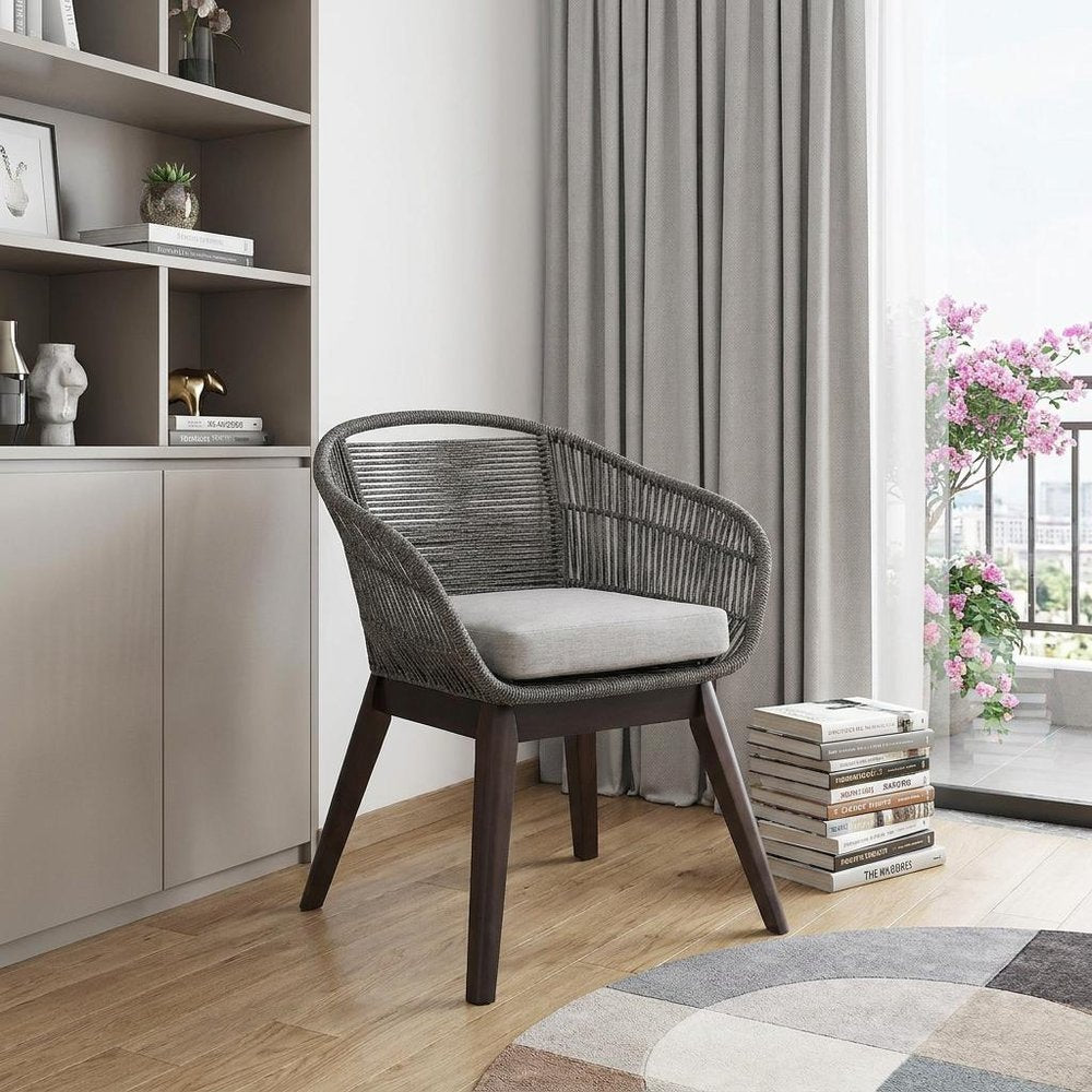27" Gray Solid Wood Outdoor Dining Chair with Gray Cushion
