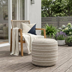 20" Green Polyester Round Striped Indoor Outdoor Pouf Ottoman