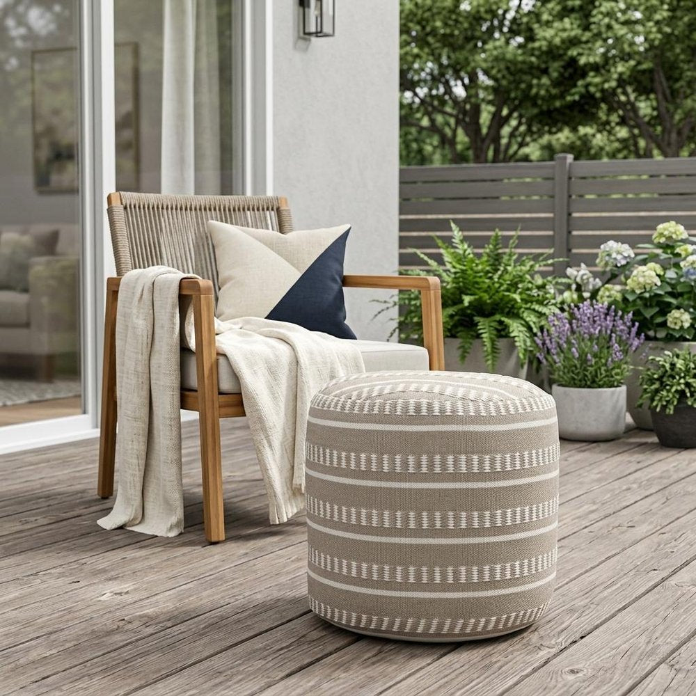 20" Green Polyester Round Striped Indoor Outdoor Pouf Ottoman