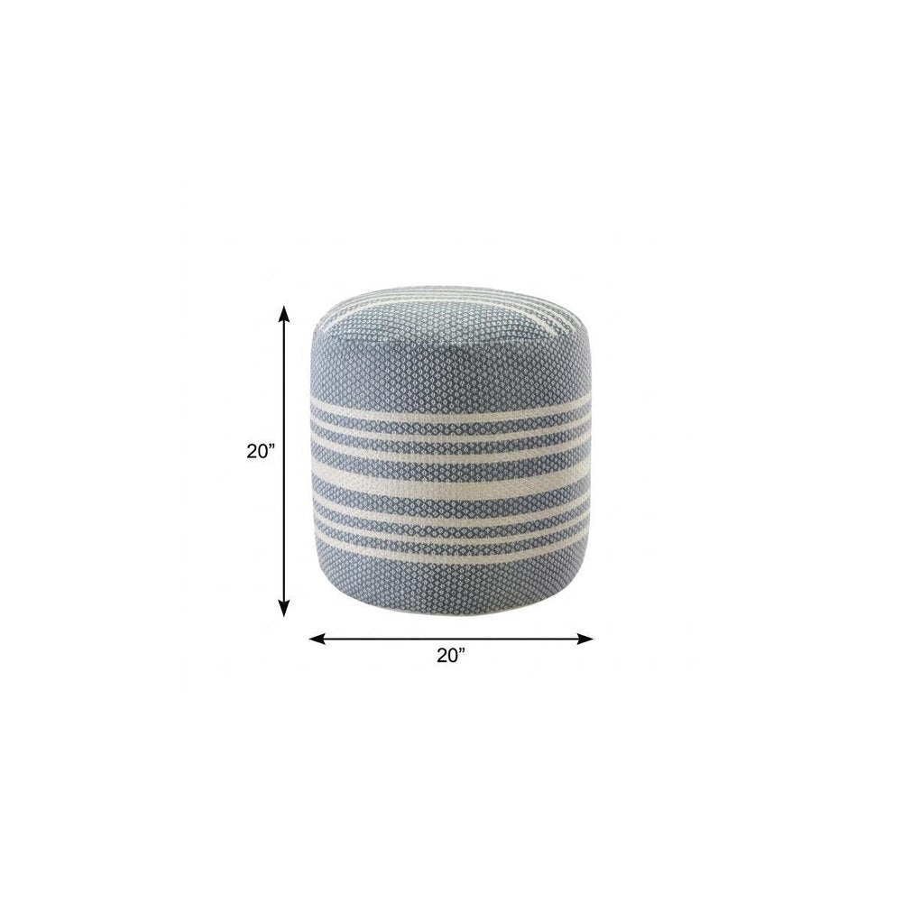 20" Blue Polyester Round Striped Indoor Outdoor Pouf Ottoman