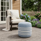 20" Blue Polyester Round Striped Indoor Outdoor Pouf Ottoman