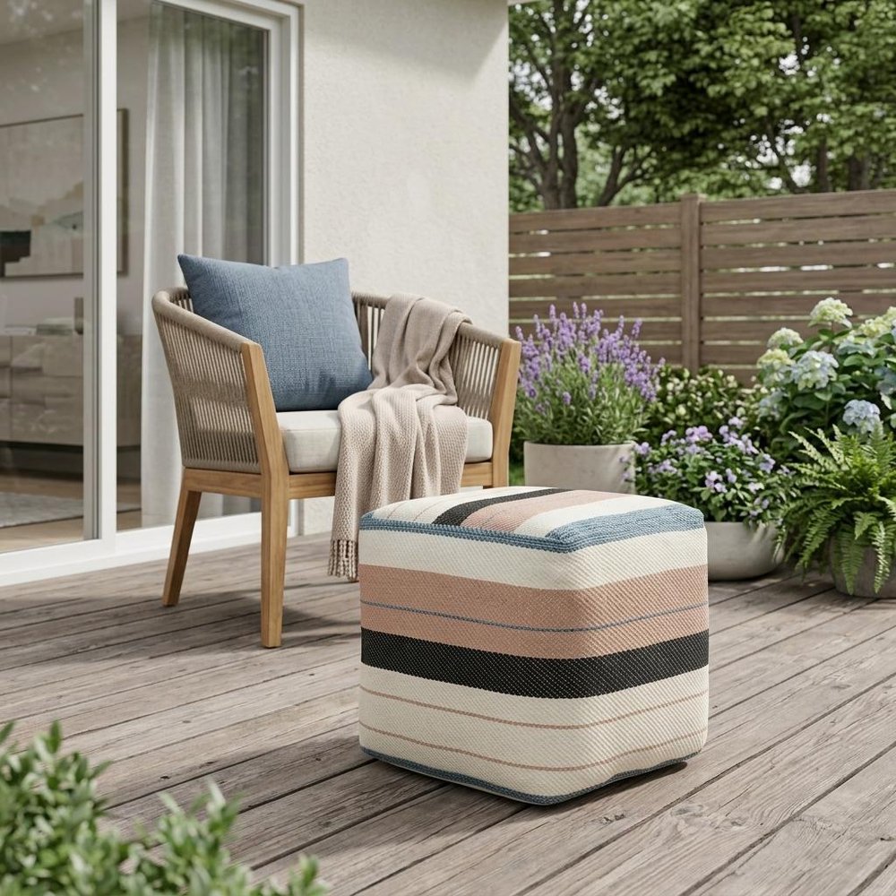 20" White Polyester Striped Indoor Outdoor Pouf Ottoman