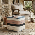 20" White Polyester Striped Indoor Outdoor Pouf Ottoman
