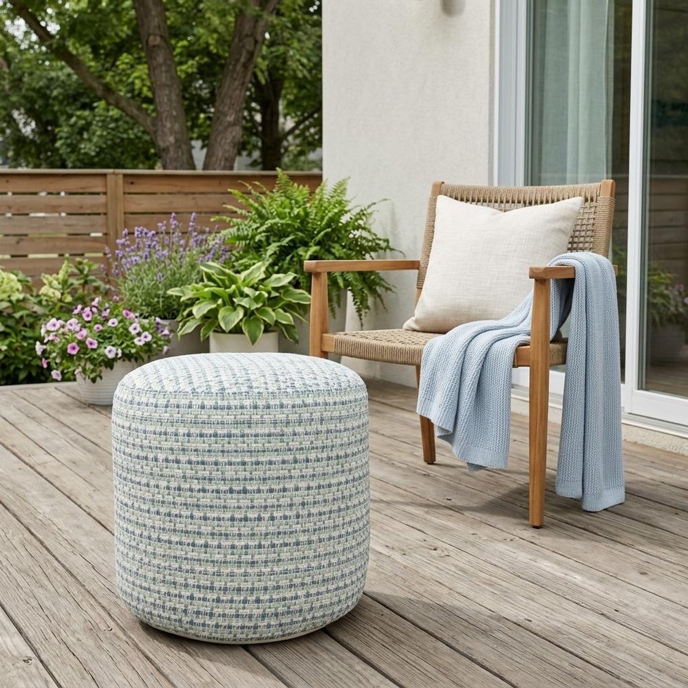 20" Blue Polyester Round Geometric Indoor Outdoor Pouf Ottoman