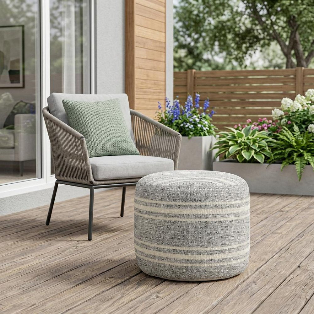 18" Gray Polyester Round Striped Indoor Outdoor Pouf Ottoman