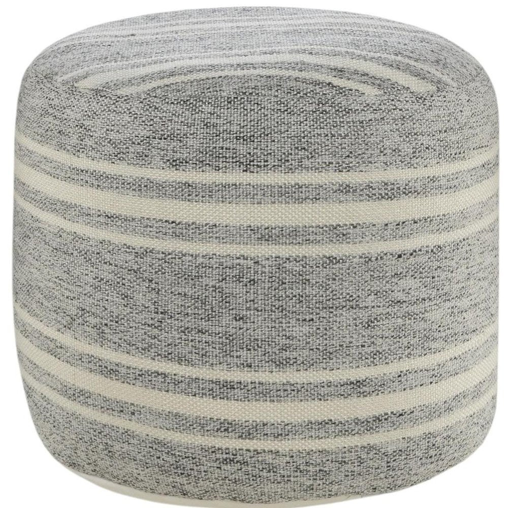 18" Gray Polyester Round Striped Indoor Outdoor Pouf Ottoman