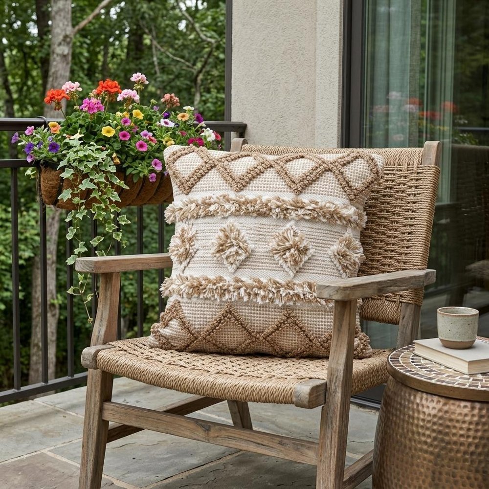 20" X 20" Tan Zippered Geometric Indoor Outdoor Throw Pillow
